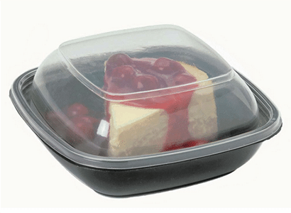 Black food container with a clear plastic lid