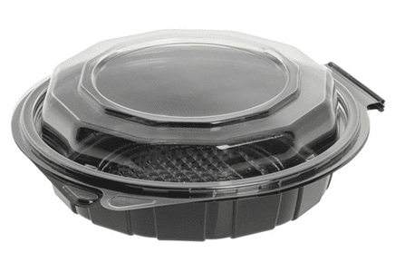 Gourmet-Classics™-18-oz-PET-Shallow-Hinged-Container Black food container with a clear plastic lid