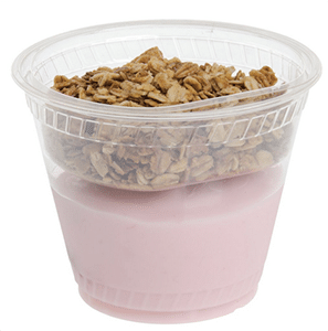 Plastic yogurt cup with removable topping tray
