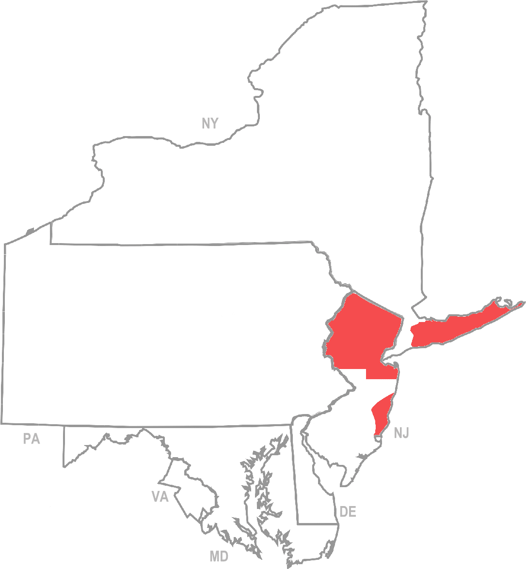 Map highlighting Long Island and northern New Jersey