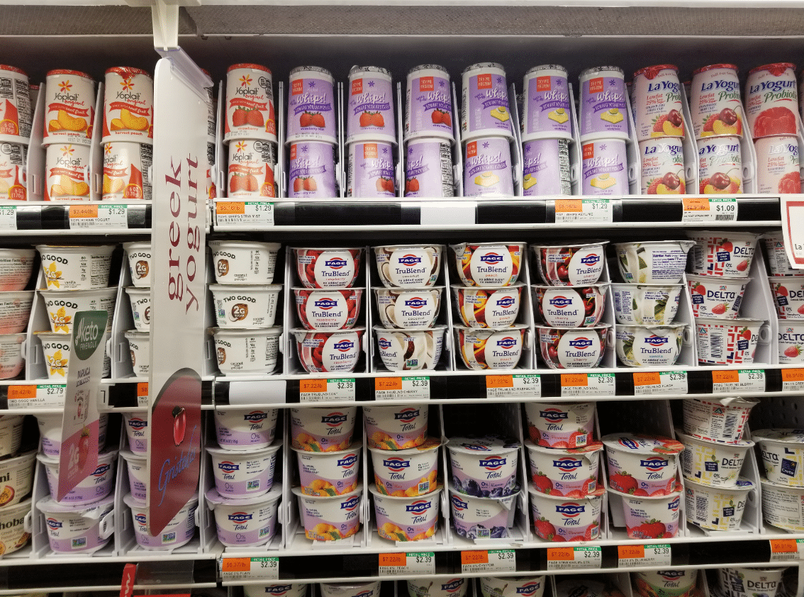 Yogurt shelves at a grocery store